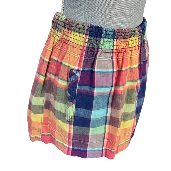 Hollister Plaid Multi Color Lined Skirt Pull on 2 Front Pockets Size Small Linen - Picture 2 of 13